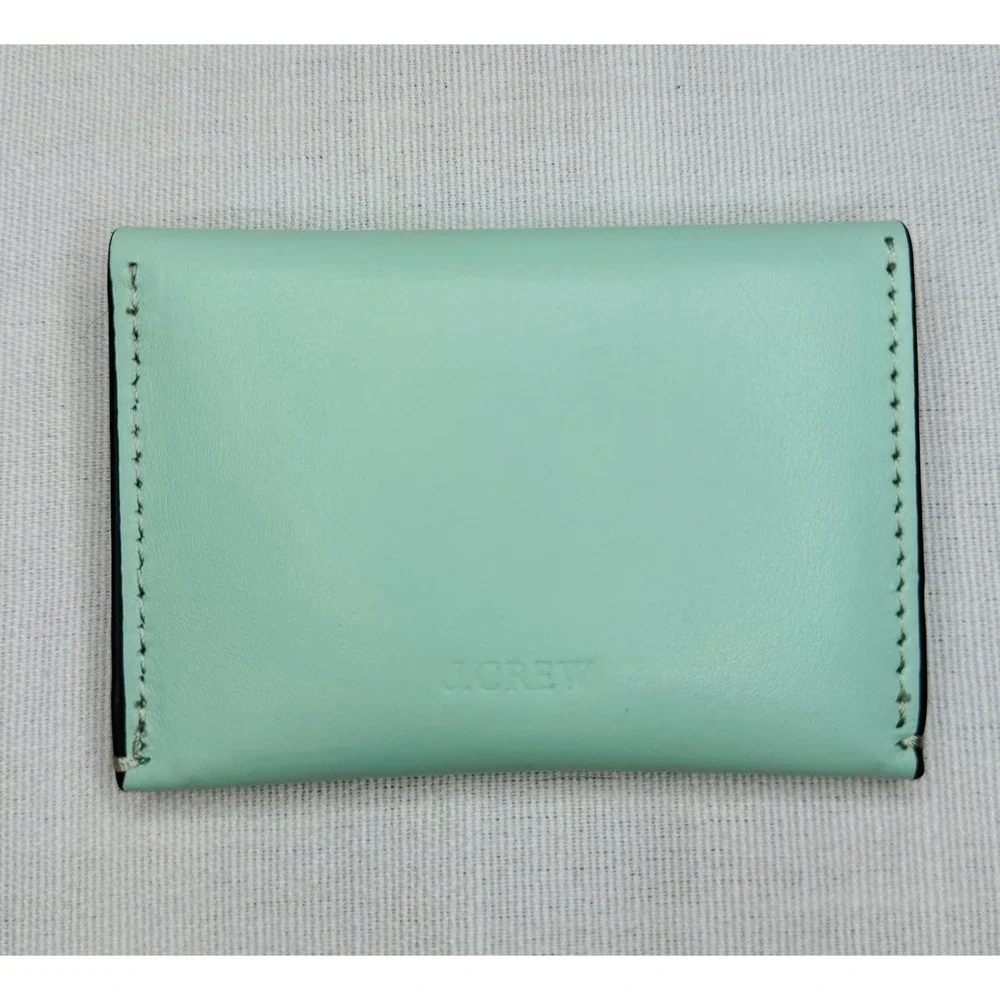 J.Crew Mint Green Leather Envelope Card Case Wallet Gold Snap New